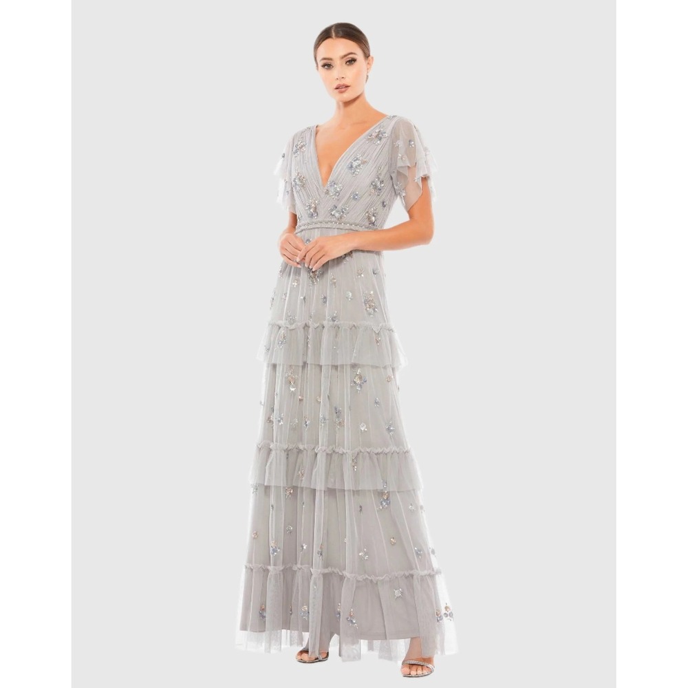 Mac Duggal 9068 Platinum Sequin Tulle Tiered‎ Gown V-Neck Flutter Sleeve Dress 4